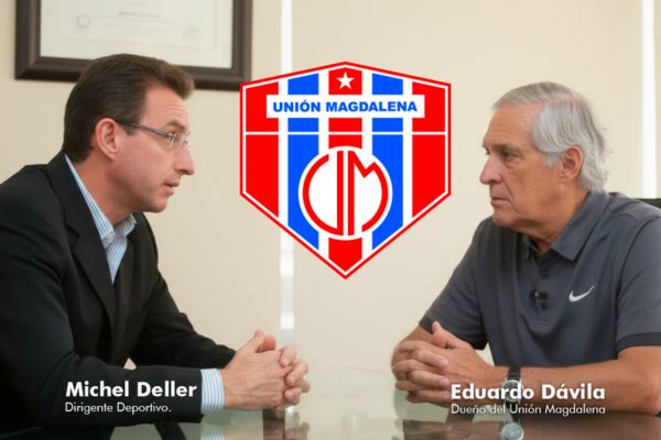 Michel Deller, propietario del Independiente del Valle en diálogo con Eduardo Dávila, máximo accionista del Unión Magdalena. Fotomontaje AI