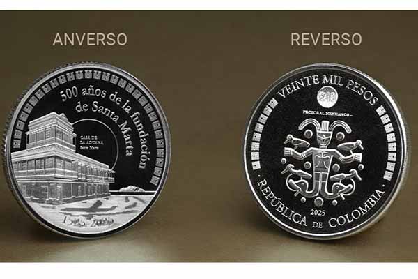 Como parte de la celebración del Quinto Centenario de la fundación de Santa Marta, el Banco de la República puso en circulación una moneda conmemorativa de 20 mil pesos, que resalta el legado histórico, cultural y ancestral de la ciudad.