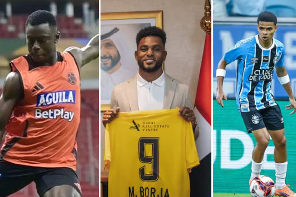 Marino Hinestroza, nuevo fichaje del Vasco Da Gama de Brasil; José Enamorado, nuevo jugador del Gremio de Brasil; y Miguel Borja, firmando con el Al Wasl de Emiratos Árabaes. Fotos redes sociales 