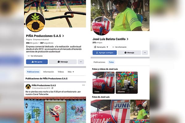 Con tan solo una página de Facebook la empresa Piña Producciones S.A.S., justifica el millonario contrato que le adjudicó el alcalde Joaquín Ariza para publicidad en su municipio. En la otra grafica la página del Facebook personal del representante legal de la empresa José Luis Batista Castillo.