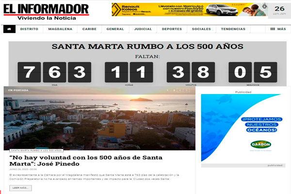 Cuando faltaban 763 días, 11 horas, 38 minutos y 5 segundos para la gran efeméride, EL INFORMADOR puso en marcha el contador Rumbo a los 500 Años, un espacio desde el cual esta casa editorial hizo seguimiento a las propuestas y proyectos que se desarrollarían en el marco de la celebración de la fundación de Santa Marta. Finalmente, el 29 de julio de 2025, el contador llegó a cero en una transmisión especial realizada desde la Playa de Los Cocos, donde se llevó a cabo la emotiva serenata de cumpleaños a la Ciudad Dos Veces Santa.