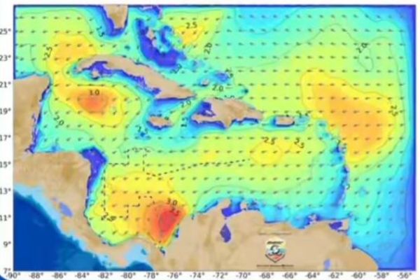 Mapa de calor del oleaje en el Mar Caribe Colombiano en estos días de fuertes vientos y oleajes. Foto Dimar