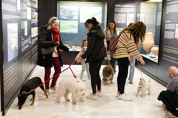 Personas con sus perros en un museo donde se acepta el ingreso a mascotas. Foto EFE