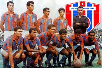 Partido final 1968 Unión Magdalena 2, Cali 2, estadio Eduardo Santos de Santa Marta. Unión Magdalena campeón. Atrás, de izquierda a derecha: Silvio Lizcano, Aurelio Palacio, Líder Toledo, Pedro Vásquez, Pablo Huguett, Obdulio Torres, Justo Ramón Sayes. Adelante: Ramón Rodríguez, José Quiñones, Eugenio Samaniego, Manuel Manjarrés, Raúl Peñaranda.